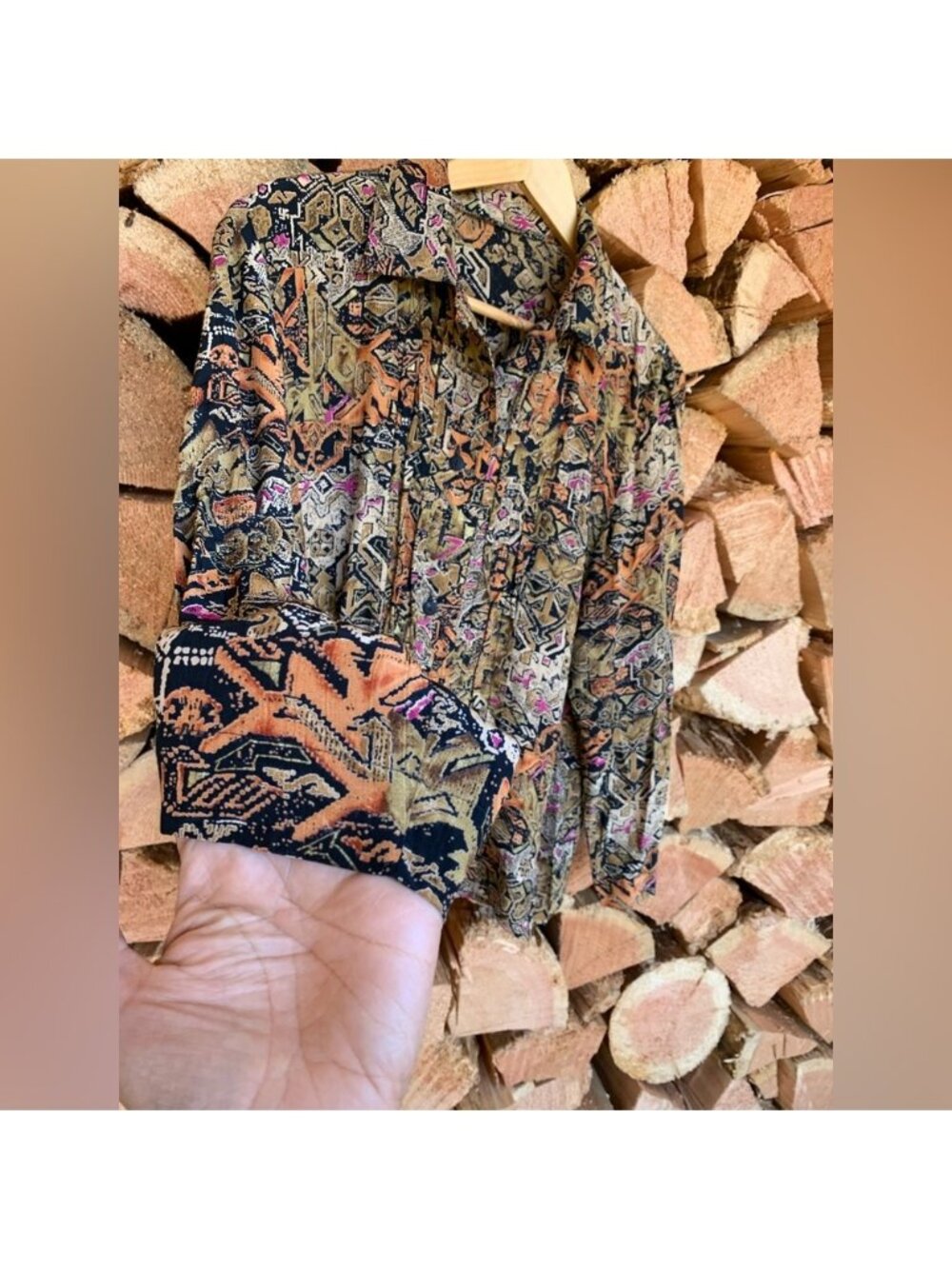 Vintage Abstract Geometric Tribal Print Button Downโ Pleated Front Shirt Blouse